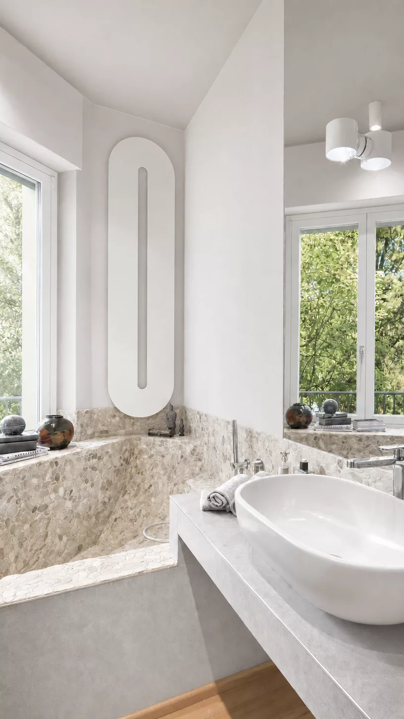 Modernes helles Badezimmer mit Mosaik-Badewanne und Aufsatzwaschbecken